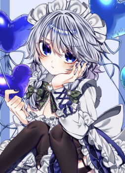 1girl apron balloon black_thighhighs blue_dress blue_nails blush braid breasts cleavage commentary_request dress frills frown grey_hair hair_between_eyes head_rest heart_balloon highres holding holding_balloon izayoi_sakuya long_sleeves looking_at_viewer maid maid_apron maid_headdress medium_breasts medium_hair nail_polish shigure._(tennensui) shirt solo thigh_strap thighhighs touhou twin_braids white_shirt