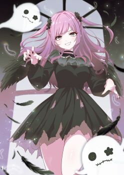 1girl angel_wings black_dress black_feathers black_nails black_scrunchie black_wings brown_hair commentary_request commission dress fallen_angel feathered_wings feathers ghost grey_eyes hair_ornament hair_scrunchie halloween highres indie_virtual_youtuber long_hair looking_at_viewer scrunchie second-party_source short_twintails smile solo tamamura_(agutosan) torn_clothes torn_dress twintails virtual_youtuber wings yoiyami_noa_(vtuber)