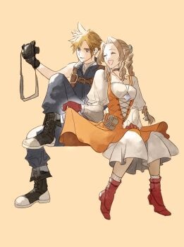 1boy 1girl 5ldijzsxe040384 aerith_gainsborough aerith_gainsborough_(garnet's_gown) baggy_pants bare_shoulders black_boots black_choker black_gloves black_pants black_vest blonde_hair boots braid braided_ponytail breasts brown_hair camera choker closed_eyes cloud_strife cloud_strife_(zidane's_outfit) cosplay couple crystal final_fantasy final_fantasy_vii final_fantasy_vii:_ever_crisis full_body garnet_til_alexandros_xvii garnet_til_alexandros_xvii_(cosplay) gloves hetero highres holding holding_camera jewelry juliet_sleeves long_hair long_sleeves medium_breasts official_alternate_costume open_mouth pants parted_bangs pendant petticoat puffy_sleeves red_boots red_gloves selfie shirt short_hair sidelocks simple_background single_braid sitting sleeveless sleeveless_turtleneck smile socks spiked_hair sweater turtleneck turtleneck_sweater vest white_shirt white_socks white_sweater yellow_background zidane_tribal zidane_tribal_(cosplay)
