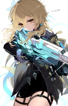1girl absurdres alternate_costume assault_rifle black_gloves black_jacket black_skirt blonde_hair blue_butterfly blue_flower braid bug butterfly closed_mouth commentary_request cowboy_shot earrings flower fur-trimmed_wrist_cuffs genshin_impact gloves gun hair_between_eyes hair_flower hair_ornament highres holding holding_weapon insect jacket jewelry long_sleeves looking_at_viewer lumine_(genshin_impact) magnet_8_8 rifle short_hair_with_long_locks simple_background skirt solo standing thigh_strap translation_request weapon white_background yellow_eyes