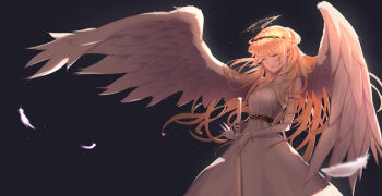 1girl absurdres angel angel_wings blonde_hair closed_eyes commentary cp_(tlstjdghek) dress elbow_gloves english_commentary feathered_wings feathers gloves halo highres long_hair original pointy_ears simple_background solo white_dress white_gloves white_wings wings