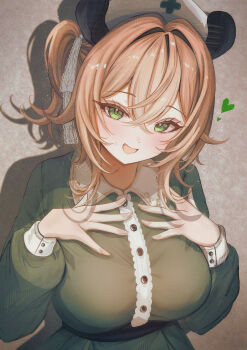 1girl absurdres animal_ears blush breasts brown_hair commentary_request dress green_dress green_eyes hat highres indie_virtual_youtuber large_breasts life_vest looking_at_viewer mito_soosu nimi_nightmare nurse_cap one_side_up puffy_sleeves round_collar smile solo tapir_ears tapir_girl virtual_youtuber