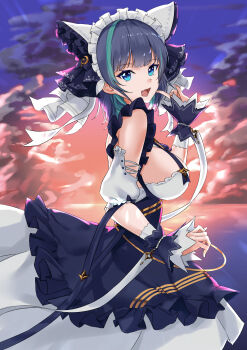 1girl absurdres animal_ears apron aqua_streaks azur_lane blue_eyes breasts cheshire_(azur_lane) commentary detached_sleeves dress evening fake_animal_ears fang frilled_hairband frills from_side hairband highres large_breasts looking_at_viewer looking_to_the_side maid_headdress medium_hair mojomaru multicolored_hair open_mouth puffy_detached_sleeves puffy_short_sleeves puffy_sleeves purple_apron purple_hair short_sleeves sideboob skin_fang solo streaked_hair sunset white_dress