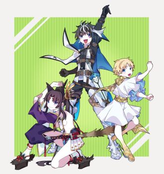 1girl 2boys absurdres armor asymmetrical_clothes asymmetrical_sleeves baggy_clothes black_hair blonde_hair blue_cloak blue_eyes breast_curtains breasts bright_pupils cape charlemagne_(fate) charlemagne_(first_ascension)_(fate) cloak detached_sleeves fate/grand_order fate_(series) feather_hair_ornament feathers hair_between_eyes hair_ornament hat highres japanese_armor kujiramaru kusazuri linea_alba long_hair looking_at_viewer medium_breasts mismatched_sleeves multicolored_hair multiple_boys navel open_mouth parted_bangs puff_and_slash_sleeves puffy_sleeves purple_sleeves rerebrace revealing_clothes scarf shirt short_hair shoulder_armor showgirl_skirt side_ponytail sidelocks single_pantsleg smile sode streaked_hair tate_eboshi tunic two-sided_cape two-sided_fabric two-tone_hair ushiwakamaru_(fate) ushiwakamaru_(second_ascension)_(fate) very_long_hair voyager_(fate) white_cape white_cloak white_hair white_sleeves white_tunic yellow_scarf