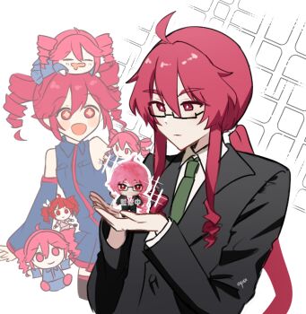 +_+ 1boy 1girl ahoge ayra_(ayra_00) bare_shoulders black_suit blue_shirt blue_skirt character_doll collared_shirt commentary doll double-parted_bangs drill_hair english_commentary formal_clothes glasses green_necktie hair_between_eyes holding holding_doll kasane_ted kasane_teto looking_at_object low_ponytail merchandise necktie pleated_skirt ponytail red_eyes red_hair shirt sidelocks skirt sleeveless stuffed_toy suit twin_drills utau white_shirt