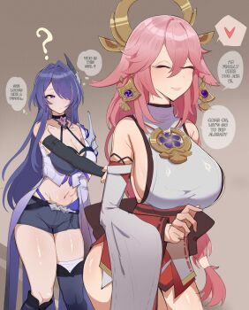 2girls ? absurdres acheron_(honkai:_star_rail) alternate_breast_size_(larger) alternate_universe animal_ear_piercing animal_ears armor asymmetrical_footwear bare_shoulders black_shorts bra breasts brown_background cleavage closed_eyes closed_mouth collarbone commentary crop_top detached_sleeves english_commentary english_text eyelashes eyeliner fox_ears fox_girl genshin_impact gradient_background hair_intakes hair_ornament hair_over_one_eye headpiece highres holding_hands honkai:_star_rail honkai_(series) implied_futanari implied_sex in-franchise_crossover japanese_clothes jewelry large_breasts light_blush light_smile long_hair long_sleeves looking_to_the_side low-tied_long_hair makeup mihoyo mitsudomoe_(shape) multicolored_eyes multicolored_hair multiple_girls navel nontraditional_miko pendant pink_hair purple_eyes purple_hair red_eyeliner shade shadow short_shorts shorts shoulder_armor sideboob speech_bubble standing streaked_hair thick_thighs thighs thought_bubble tomoe_(symbol) toned toned_female underwear uneven_footwear upper_body valen_(valentineart) walking wide_sleeves yae_miko