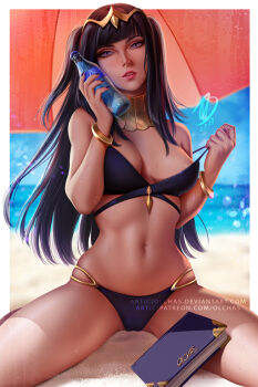 1girl areola_slip artist_name bangle beach bikini black_hair black_nails blunt_bangs blurry blurry_background blush book bottle bracelet breasts circlet cleavage dated day deviantart_username female_focus fire_emblem fire_emblem_awakening bad_tag head_tilt holding holding_bottle hot jewelry large_breasts long_hair looking_at_viewer nail_polish navel nintendo off_shoulder olchas outdoors parted_lips patreon_username purple_bikini purple_eyes signature sitting skindentation solo strap_pull swimsuit tharja_(fire_emblem) tiara two_side_up wariza watermark web_address wet