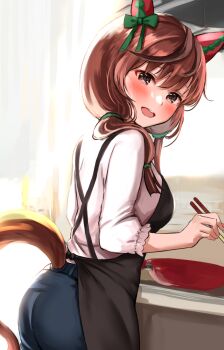 1girl aged_up animal_ears apron ass bad_source black_apron black_pants blush bow breasts brown_eyes brown_hair brown_tail chopsticks ear_bow ear_covers ear_ornament from_side frying_pan green_bow highres holding holding_chopsticks horse_ears horse_girl horse_tail indoors kitchen_hood looking_at_viewer low_twintails nice_nature_(umamusume) open_mouth pants sg_(esujii) shirt smile solo tail three-quarter_sleeves twintails umamusume white_shirt