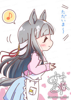 Rule 34 | 1girl, alternate costume, apron, blunt bangs, blush, breasts, casual, chrono genesis (umamusume), closed eyes, closed mouth, commentary request, grey hair, hair between eyes, hair ornament, heart, horse girl, housewife, musical note, small breasts, smile, spoken musical note, translation request, twitter username, umamusume, white background, yoshiharu izumi