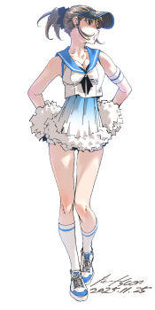 1girl breasts brown_eyes brown_hair cheerleader dress full_body headset highres looking_to_the_side nabipenciller open_mouth original pom_pom_(cheerleading) ponytail sailor_collar shoes small_breasts sneakers solo