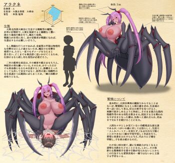 1boy 1girl absurdres age_difference arachne arthropod_girl breasts brown_hair character_profile chocobo_283yellow commentary_request cowgirl_position extra_eyes femdom hetero highres huge_breasts insect_girl interspecies monster_girl nipples nude onee-shota original pink_hair rape red_eyes restrained sex shota silk spider_girl spider_web straddling taur translation_request twintails vaginal