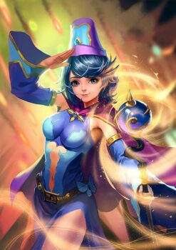 1girl armpits artist_request belt blue_eyes blue_hair breasts bug butterfly cape detached_sleeves full_body game_cg holding holding_staff insect light_smile miragine_war navel nina_(miragine_war) official_art salute short_hair solo source_request staff