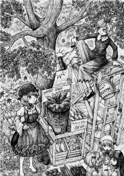 5girls :p absurdres aki_minoriko aki_shizuha apron autumn_leaves barefoot barrel bow bowtie branch cabbage character_name coal collared_shirt commentary_request crate daikon dress drill_hair eggplant english_text fairy_wings falling_leaves foliage food gloves grape_hat_ornament grass greyscale hair_bow hair_ornament hat headdress highres holding holding_leaf juliet_sleeves kicking leaf leaf_hair_ornament long_hair long_sleeves luna_child maple_leaf mob_cap monochrome motion_blur multiple_girls open_mouth paint_can paintbrush puffy_sleeves radish sale scaffolding shirt shoes short_hair sign sitting skirt socks star_sapphire sunny_milk sweet_potato tomato tongue tongue_out touhou traditional_media tree two_side_up unworn_gloves useless-husky vegetable wheat_print wings