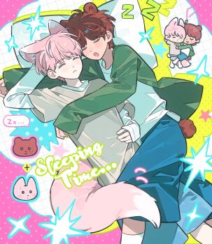 2boys animal_ears bear_boy bear_ears bear_tail blush brown_hair chibi chibi_inset closed_eyes closed_mouth english_text evodtonaeco fox_boy fox_ears fox_tail highres hug long_sleeves male_focus multiple_boys open_mouth original pillow pink_hair shirt short_hair shorts sleeping sleeves_past_wrists socks tail yaoi zzz