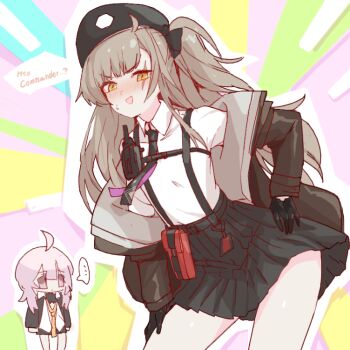 ... 2girls :d belt black_belt black_hat black_necktie black_skirt brown_hair chest_harness chibi clothes_down cosplay costume_switch english_text flat_chest girls'_frontline harness hat leva_(girls'_frontline_2) leva_(girls'_frontline_2)_(cosplay) long_hair looking_at_another looking_at_viewer loose_necktie m200_(girls'_frontline) m200_(girls'_frontline)_(cosplay) multiple_girls necktie off_shoulder open_mouth pink_eyes pink_hair pleated_shirt pleated_skirt pouch ryuutai_no_kimagure scar scar_across_eye scar_on_face skirt smile spoken_ellipsis sweatdrop thighs twintails ump45_(girls'_frontline) walkie-talkie yellow_necktie