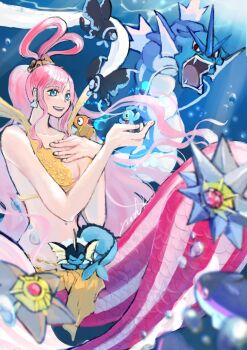 1girl bikini blue_eyes commentary earrings fish_hair_ornament hair_ornament half_updo highres jewelry making-of_available mermaid monster_girl navel nintendo one_piece pink_hair pokemon pokemon_(creature) shell shell_earrings shirahoshi sidelocks signature smile swimsuit underwater yellow_bikini ysnfjkw
