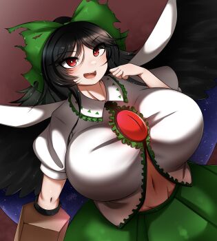 1girl absurdres arm_cannon bird_wings black_hair black_wings bow breasts brown_background cape gomikuzu green_bow green_skirt groin hair_bow hashtag-only_commentary highres huge_breasts long_hair midriff navel open_mouth red_eyes reiuji_utsuho sidelocks skirt solo starry_sky_print third_eye touhou upper_body weapon white_cape wings