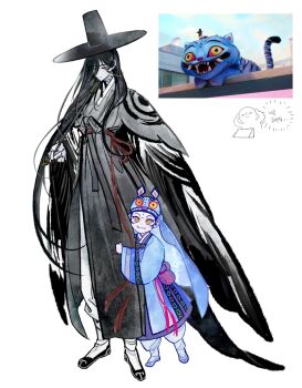2boys :3 baji bird black_hair black_hanbok black_hat black_sclera black_shoes blue_hair blue_hanbok blue_hat child closed_mouth colored_sclera commentary derpy_(kpop_demon_hunters) extra_eyes facial_mark fangs green_pupils hanbok hat highres holding holding_smoking_pipe hugging_another&#039;s_leg kiseru korean_clothes korean_text kpop_demon_hunters long_hair long_sleeves looking_at_viewer looking_down magpie male_focus mman_moon multiple_boys orange_eyes pants personification red_ribbon ribbon screenshot_inset shoes simple_background smoking_pipe standing sussie_(kpop_demon_hunters) symbol-only_commentary tiger torii very_long_hair white_background white_pants wide_sleeves yellow_eyes
