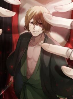 Rule 34 | 1046sstep btoh, 1boy, abs, bankai, bleach, bleach: sennen kessen-hen, blonde hair, commentary request, doll joints, facial hair, haori, highres, holding, holding sword, holding weapon, japanese clothes, joints, kannonbiraki benihime aratame (bankai), pectorals, red eyes, smile, solo focus, stubble, sword, toned, toned male, twitter username, urahara kisuke, watermark, weapon, zanpakutou