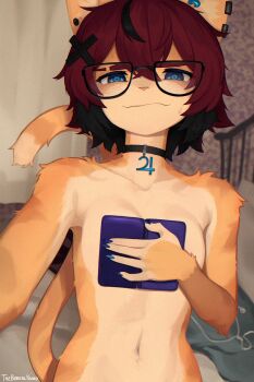 1girl aeiou_(yoako) animal_ears animal_nose black-framed_eyewear black_choker black_hair body_fur book_on_breasts breasts cat_ears cat_girl cat_tail choker collarbone furry furry_female glasses hair_ornament highres looking_at_viewer multicolored_hair navel original red_hair short_hair smile solo tail two-tone_hair x_hair_ornament yoako