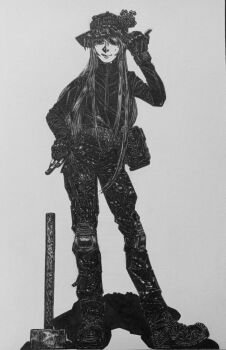 1girl belt_around_waist belt_pouch black_jacket boots bordfunker133 camouflage camouflage_pants digital_camouflage evgenia_blinova fingernails full_body hammer hat highres jacket knee_guards long_sleeves looking_at_viewer mole mole_above_mouth mole_on_cheek original pants photo_(medium) pouch russo-ukrainian_war shaka_sign sledgehammer smile soldier tactical_clothes tactical_gloves tongue tongue_out