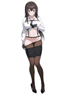 1girl artist_request black_gloves black_hair black_necktie black_shoes black_shorts black_skirt breasts brown_pantyhose button_gap chest_harness closed_mouth clothes_lift clothes_pull collared_shirt commentary_request commission full_body gloves green_eyes groin harness high_heels highres korean_commentary lifting_own_clothes long_hair long_sleeves looking_at_viewer medium_breasts miniskirt navel necktie no_panties original pantyhose pantyhose_pull pulling_own_clothes resia_(emonmong) second-party_source shirt shirt_lift shoes shorts shorts_pull simple_background skirt skirt_pull smile solo standing stomach very_long_hair white_background white_shirt