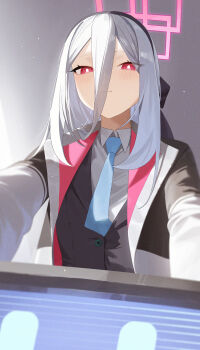 1girl :| absurdres black_hairband black_jacket blazer blue_archive blue_necktie blush bright_pupils closed_mouth commentary double-parted_bangs hair_between_eyes hairband halo highres jacket kei_(amas)_(blue_archive) kei_(blue_archive) kei_(new_body)_(blue_archive) long_hair_between_eyes looking_at_viewer mm_(mhm2592) necktie red_eyes shirt two-sided_fabric two-sided_jacket white_hair white_pupils white_shirt
