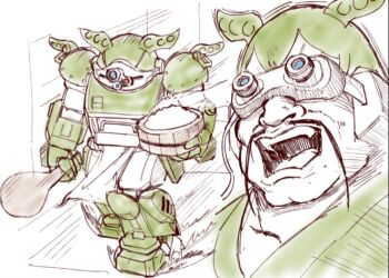 Rule 34 | 1boy, bucket, facial hair, fu manchu (mustache), genderswap, genderswap (ftm), goggles, green hair, green theme, gundam, holding, holding bucket, kin-san (sasuraiga), long mustache, male focus, mecha, monochrome, mustache, open mouth, pea pod, rice, robot, shamoji, short hair, smile, solo, upper body, voiceroid, voicevox, zundamon