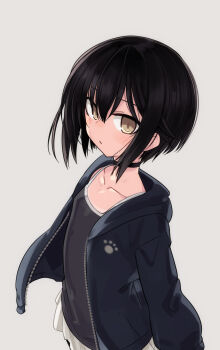 1girl black_camisole black_choker black_hair black_jacket camisole choker collarbone commentary_request expressionless highres jacket long_sleeves looking_at_viewer null_(nyanpyoun) open_clothes open_jacket original parted_lips short_hair simple_background skirt solo tan tanline white_skirt yellow_eyes
