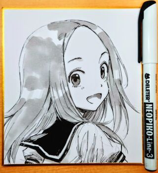 Rule 34 | 1girl, commentary request, greyscale, happy, karakai jouzu no takagi-san, long hair, looking at viewer, looking back, makomako1061, monochrome, open mouth, pen (medium), photo (medium), portrait, sailor collar, sailor shirt, shikishi, shirt, short sleeves, smile, solo, takagi-san, traditional media, turning head