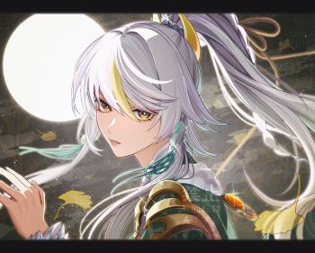 1girl blonde_hair braid bright_pupils chinese_clothes commentary_request con_potata crescent crescent_hair_ornament crescent_moon dress earrings full_moon fur-trimmed_collar fur_trim genshin_impact glint grey_hair hair_ornament high_ponytail highres jewelry long_hair looking_at_viewer moon multicolored_eyes multicolored_hair open_mouth parted_lips ponytail sidelocks single_hair_streak solo upper_body white_hair white_pupils yellow_eyes zibai_(genshin_impact)