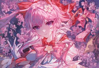 1girl animal_ears cherry_blossoms commentary evanescia_(honkai:_star_rail) fox_ears fox_girl highres holding holding_sword holding_weapon honkai:_star_rail honkai_(series) japanese_clothes katana kimono long_hair looking_at_viewer pink_hair purple_eyes solo sword symbol-only_commentary upper_body weapon white_kimono ytyutiktv