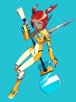 1girl android blue_background blue_eyes boots dark_skin dress glowing glowing_eyes hammer highres mechanical_wings orange_dress red_hair sari_sumdac seikaigetsu short_dress short_twintails simple_background transformers transformers_animated twintails wings