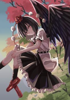 Rule 34 | 1girl, belt, bird wings, black belt, black hair, black skirt, black socks, black wings, closed mouth, commentary request, dinotodon, floating, frilled skirt, frills, geta, grass, hands on own leg, hat, highres, pom pom (clothes), red eyes, shameimaru aya, shirt, short hair, skirt, smile, socks, solo, tengu-geta, tokin hat, touhou, tree, white shirt, wings