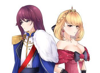2girls aiguillette alternate_costume aristocratic_clothes azur_lane bare_shoulders belt black_belt black_bow blonde_hair blue_cape blue_tunic blush bow braid breasts brooch buttons cape chain claire_ross_(pumpkinpaii) cleavage collarbone commander_(azur_lane) commentary crown_braid dress earrings english_commentary female_commander_(azur_lane) floral_print flower flower_earrings fur-trimmed_cape fur_trim gloves gold_chain green_eyes hair_ornament highres jewelry lace lace_gloves lace_trim lapels large_breasts long_hair mole mole_under_eye multiple_girls necklace open_mouth parted_lips prince prince_of_wales_(azur_lane) princess pumpkinpaii purple_hair red_dress red_eyes red_flower red_rose red_sash rose rose_print sash short_hair sidelocks simple_background sparkle swept_bangs tiara tunic upper_body