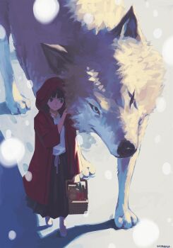1girl basket black_hair black_skirt brown_eyes food highres holding holding_basket hood hooded_coat muranomiro original red_hood scar scar_across_eye scar_on_face shirt skirt snow twintails white_shirt wolf
