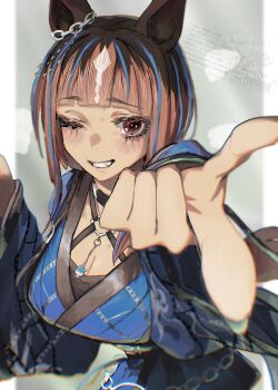 1girl absurdres animal_ears blue_hair blunt_bangs bob_cut breasts brown_hair cleavage ear_chain ear_ornament finger_gun grin highres horse_ears horse_girl inverted_bob japanese_clothes kimono large_breasts linked_piercing long_sleeves multicolored_hair one_eye_closed open_mouth piercing pointing pointing_at_viewer purple_kimono red_eyes rinka_(tonariuta) short_hair smile solo streaked_hair transcend_(twilight_neokagura)_(umamusume) transcend_(umamusume) umamusume wide_sleeves