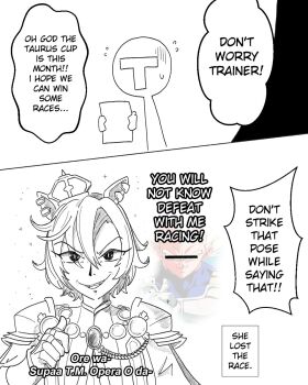 1girl 1other animal_ears censored censored_identity crown dragon_ball dragonball_z english_text flying_sweatdrops gat0w greyscale highres horse_ears horse_girl mini_crown monochrome open_mouth pointing pointing_at_self short_hair smug speech_bubble super_saiyan t-head_trainer_(umamusume) t.m._opera_o_(umamusume) tilted_headwear trainer_(umamusume) umamusume upper_body vegeta