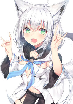 Rule 34 | 1girl, :d, \n/, ahoge, animal ear fluff, animal ears, black shorts, blue neckwear, blush, braid, breasts, commentary request, cowboy shot, crossed bangs, detached sleeves, double fox shadow puppet, double n/, female focus, fox ears, fox girl, fox shadow puppet, fox tail, green eyes, hair between eyes, hands up, hololive, hood, hood down, long hair, long sleeves, looking at viewer, medium breasts, midriff peek, navel, open mouth, shirakami fubuki, shirakami fubuki (1st costume), short shorts, shorts, side braid, silver hair, simple background, single braid, small breasts, smile, solo, standing, stomach, tail, topia, virtual youtuber, white background, wide sleeves
