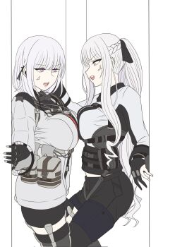 24_himehime 2girls ak-12_(girls'_frontline) alternate_breast_size_(larger) anger_vein black_gloves black_jacket black_pants black_shorts braid breast_press breasts commentary_request cowboy_shot girls'_frontline gloves half_up_braid highres huge_breasts jacket long_hair looking_at_another medium_hair multicolored_jacket multiple_girls open_mouth pants partially_fingerless_gloves ponytail purple_eyes rpk-16_(girls'_frontline) short_shorts shorts sidelocks symmetrical_docking two-tone_jacket white_hair white_jacket