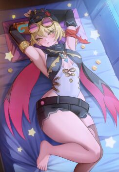 1girl absurdres armpits barefoot black_hat black_shorts blonde_hair blush braid braided_hair_rings commentary foot_out_of_frame from_above genshin_impact goggles goggles_on_head hair_rings hat highres indoors jahoda_(genshin_impact) knit_hat leotard looking_at_viewer looking_up lying on_back on_bed pink-tinted_eyewear puppnett round_eyewear short_shorts shorts tinted_eyewear white_leotard yellow_eyes