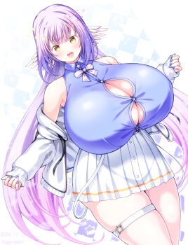 1girl absurdres armpit_crease artist_name bare_shoulders blue_background bow bowtie breasts button_gap buttons checkered_background cleavage clenched_hands collared_shirt commentary_request cowboy_shot dated ecriel_germinal feathered_wings fingernails gradient_hair hands_up head_wings highres huge_breasts indie_virtual_youtuber jacket kogarashi_(wind_of_winter) light_blush long_hair long_sleeves miniskirt multicolored_hair off_shoulder open_mouth pink_bow pink_bowtie pink_hair purple_background purple_hair purple_nails purple_shirt shirt skindentation skirt sleeveless sleeveless_shirt smile solo star_(symbol) thigh_strap thighs unzipped very_long_hair virtual_youtuber white_background white_jacket white_skirt white_wings wings yellow_eyes zipper