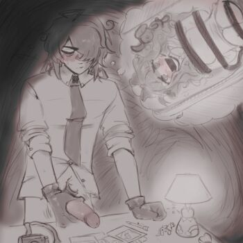 1boy bound collared_shirt dark gag gagged gloves greyscale hair_over_one_eye indoors lamp male_masturbation masturbation monochrome necktie nokota_(roseary) original pen penis penis_grab photo_(object) restrained roseary ryder_(roseary) shirt short_hair sketch speech_bubble table thinking thought_bubble