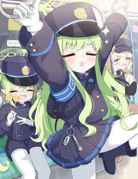 3girls absurdres aoba_(blue_archive) armband black_hat black_shoes black_tail blonde_hair blue_archive blue_armband blush bow buttons newsboy_cap double-breasted dress_shirt earrings fang fluffy_hair gloves green_hair green_halo halo hat highres hikari_(blue_archive) jewelry long_hair long_sleeves mikumiku37 multiple_girls nozomi_(blue_archive) open_mouth pantyhose peaked_cap pointy_ears red_eyes shirt shoes siblings sidelocks sitting skin_fang smile sparkle sweatdrop tail train train_conductor twins white_gloves yellow_bow