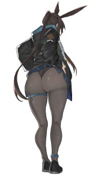 1girl amiya_(arknights) animal_ears anklet arknights ass ass_focus black_jacket black_leotard black_shoes commission from_behind from_below full_body highres huge_ass izaru_31 jacket jewelry leotard long_hair looking_ahead ponytail rabbit_ears rabbit_girl shoes simple_background solo thighlet white_background