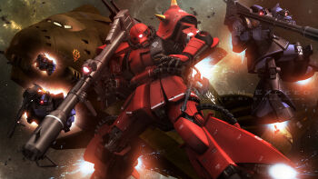 3d bazooka_(gundam) black_tri-stars cable commentary_request english_text gundam highres machinery mecha mecha_focus mobile_suit no_humans one-eyed realistic rick_dom robot roundel s.hasegawa science_fiction shield shoulder_spikes signature space spikes thrusters vernier_thrusters weapon zaku_ii_hmt_johnny_ridden_custom zanzibar_(space_shuttle) zeon zero_gravity