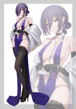 1girl absurdres bag bare_shoulders black_choker black_gloves black_hair black_shoes black_thighhighs blue_dress breasts chainsaw_man choker closed_mouth collarbone dress earrings full_body gloves green_eyes hair_between_eyes hair_rings handbag high_heels highres holding holding_bag jewelry long_hair_between_eyes long_long_life looking_at_viewer medium_breasts multiple_views navel pelvic_curtain reze_(chainsaw_man) shoes single_hair_ring skindentation smile standing thighhighs zoom_layer