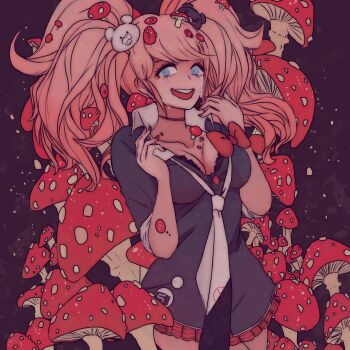 1girl :d black_choker black_necktie black_shirt blue_eyes breasts bulbacactus choker cleavage cowboy_shot crying danganronpa:_trigger_happy_havoc danganronpa_(series) enoshima_junko hands_up highres large_breasts miniskirt mushroom mushroom_on_head nail_polish necktie open_mouth pleated_skirt purple_background red_nails red_skirt shirt skirt smile solo tears teeth upper_teeth_only white_necktie