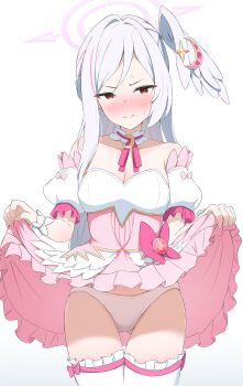1girl absurdres bare_shoulders blue_archive blush bow breasts cleavage clothes_lift commentary_request crescent crescent_hair_ornament detached_sleeves dress dress_lift embarrassed frilled_dress frills hair_ornament halo head_wings highres lifting_own_clothes long_hair magical_girl medium_breasts nose_blush panties pink_bow pink_dress puffy_detached_sleeves puffy_sleeves purple_halo red_eyes simple_background single_head_wing single_wing solo star_(symbol) star_hair_ornament suzumi_(blue_archive) suzumi_(magical)_(blue_archive) sweatdrop thighhighs underbust underwear white_background white_hair white_panties white_thighhighs wing_ornament wings yukin_(yukin8210)
