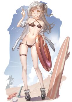 1girl absurdres alternate_costume ardi_blablabla arm_up beach bikini black_bikini black_shoes blue_sky border cameltoe cloud collarbone commentary criss-cross_halter english_commentary fading_border flat_chest full_body girls'_frontline girls'_frontline_2:_exilium gradient_sky grey_hair grey_jacket halterneck highleg highleg_bikini highres holding holding_swim_ring innertube jacket leva_(girls'_frontline_2) long_hair looking_at_viewer micro_bikini navel one_side_up open_clothes open_jacket open_mouth outdoors parted_bangs scar scar_across_eye scar_on_face seashell shell shoes side-tie_bikini_bottom sidelocks simple_bird single_off_shoulder sky solo standing starfish stomach surfboard swim_ring swimsuit teeth thigh_strap thighs tree ump45_(girls'_frontline) w yellow_eyes